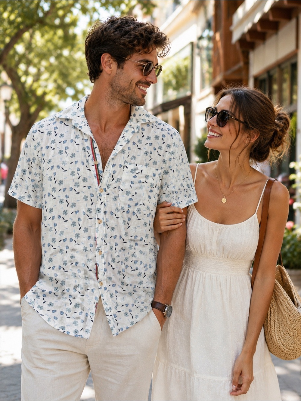 100% Cotton Men’s White Short-Sleeve Button-Up Shirt Blue Leaf Print 40 15 3/4